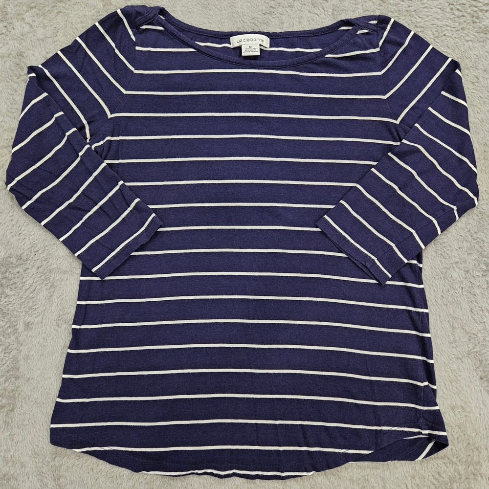 Liz Claiborne Navy Blue White Striped‎ Boat Neck 3/4 Sleeve Top Women Medium